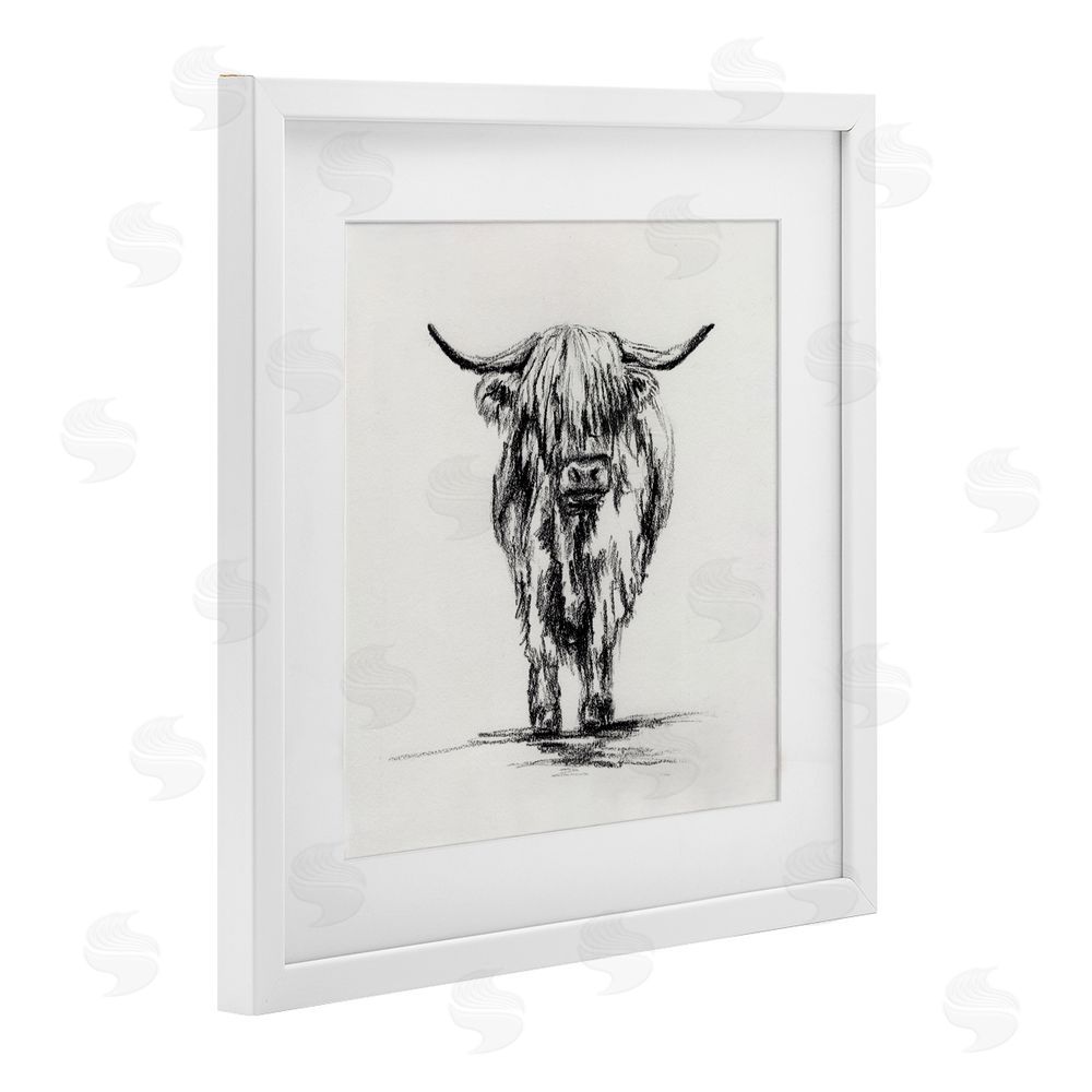 Leah Noel Art Highland Cow in Charcoal White Framed Print Under Glass Wall Art