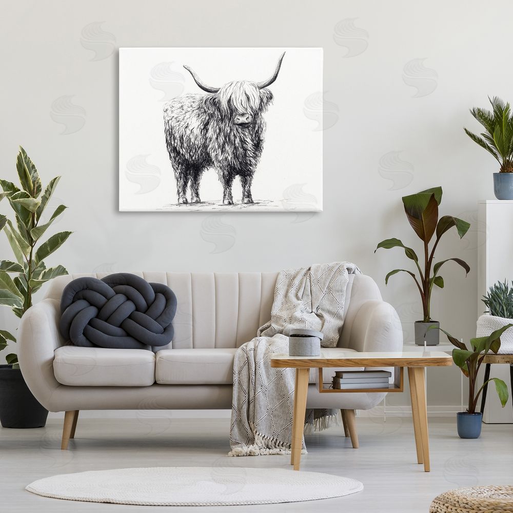 Leah Noel Art Highland Cow in Charcoal Canvas Wall Art Print in Room