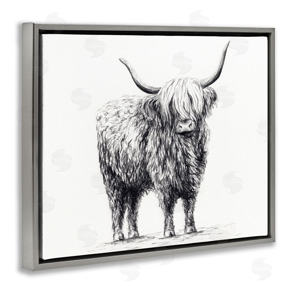 Leah Noel Art Highland Cow in Charcoal Gray Floating Frame Canvas Wall Art Print
