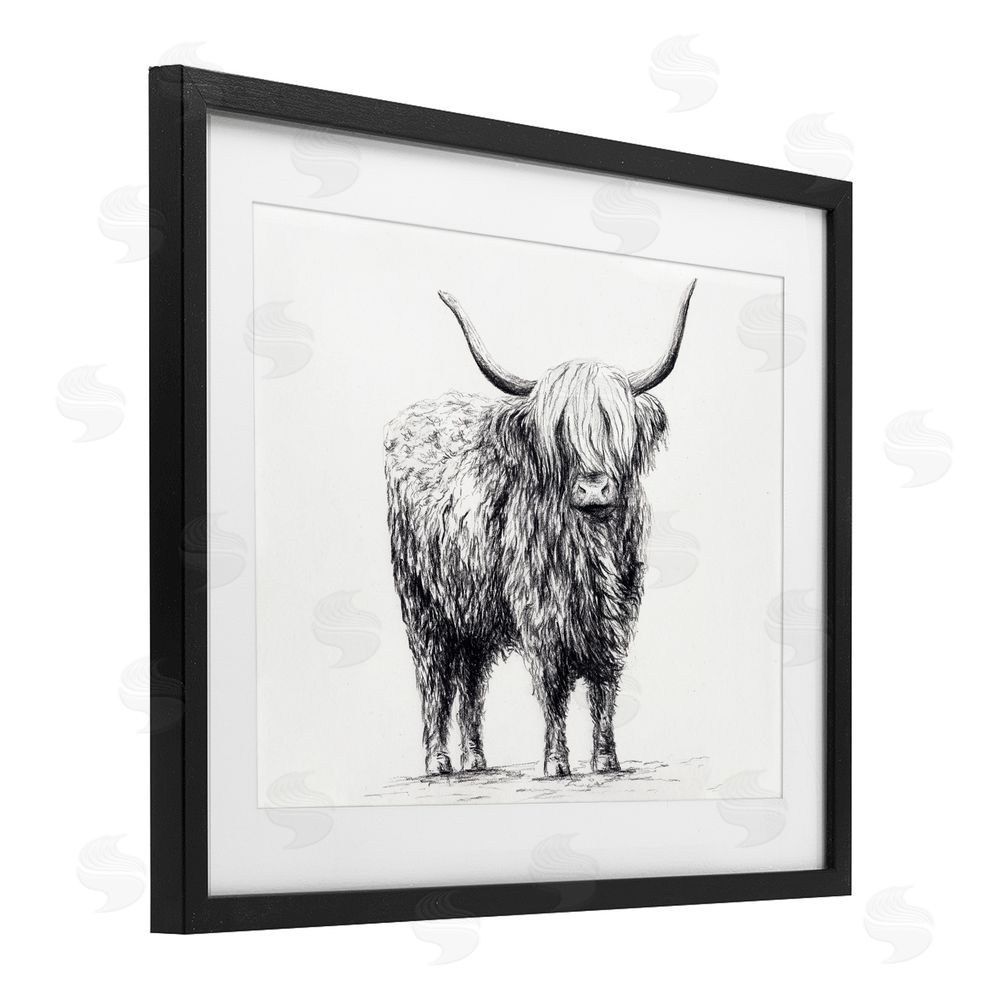 Leah Noel Art Highland Cow in Charcoal Black Framed Print Under Glass Wall Art