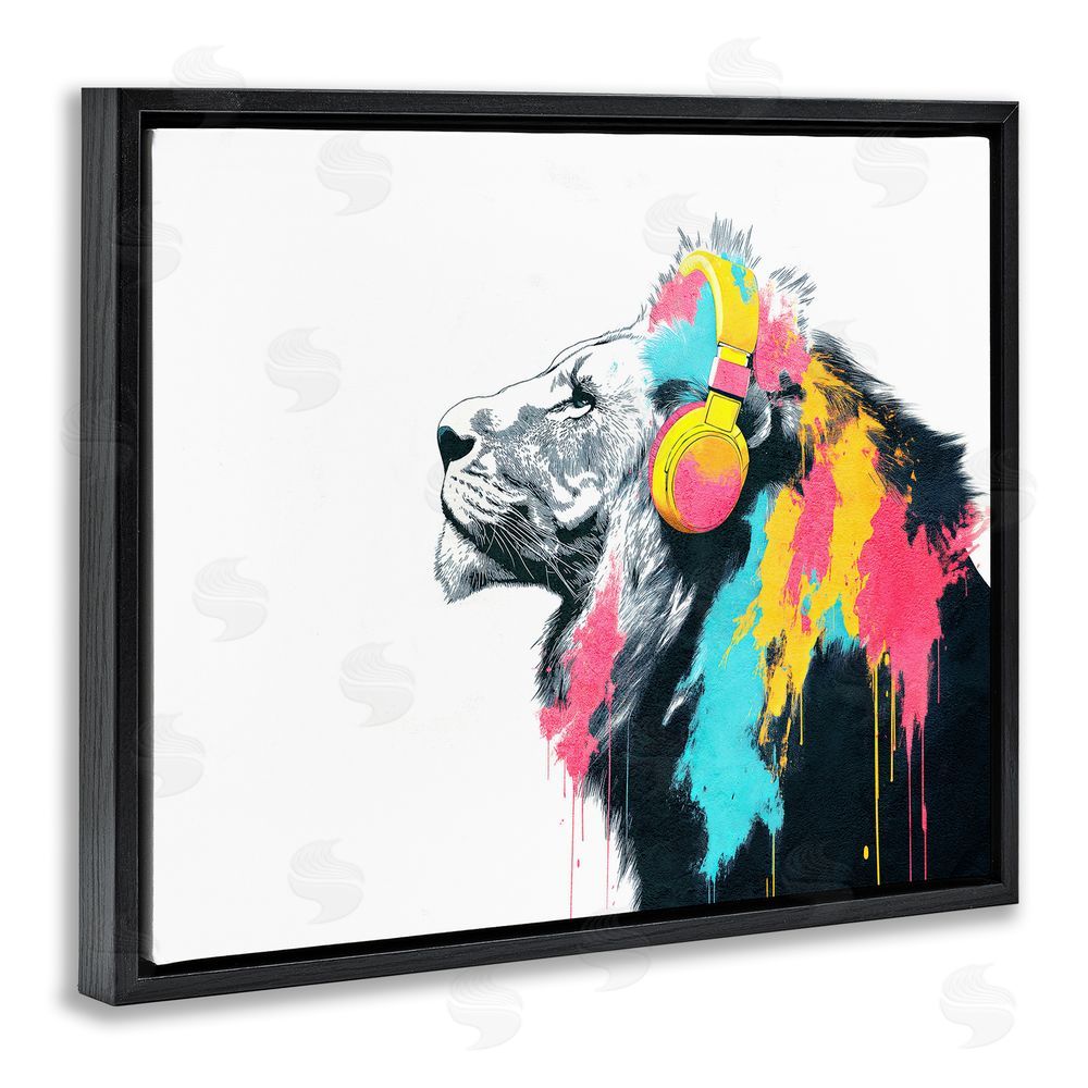Svetlana Aleynikova Lion On Air Headphones Black Floating Frame Canvas Wall Art Print