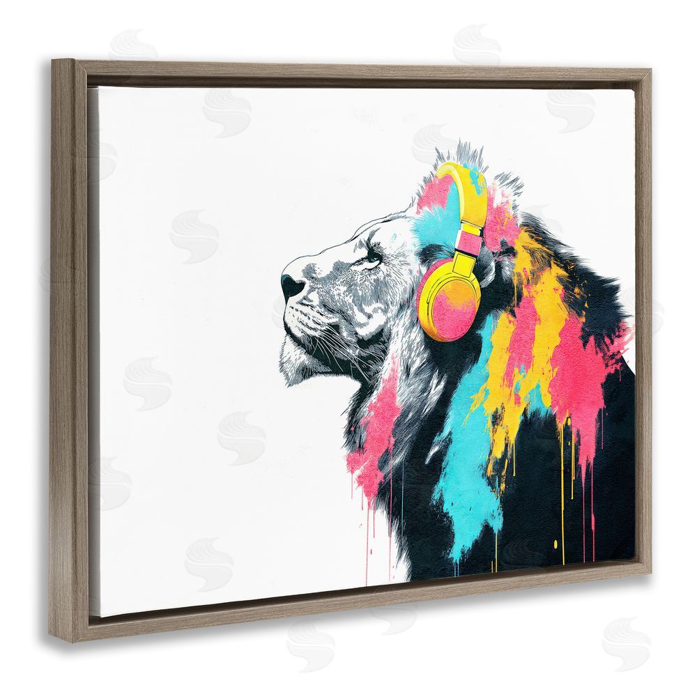 Svetlana Aleynikova Lion On Air Headphones Brown Floating Frame Canvas Wall Art Print