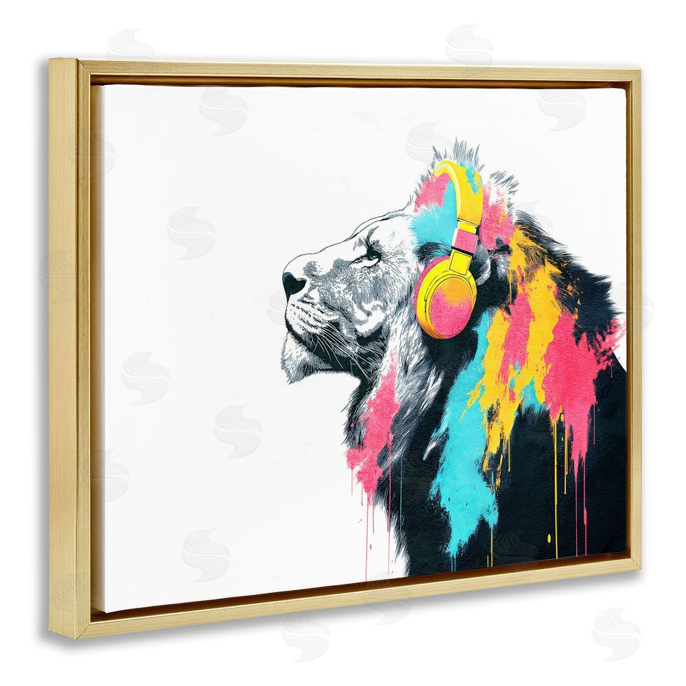 Svetlana Aleynikova Lion On Air Headphones Gold Floating Frame Canvas Wall Art Print