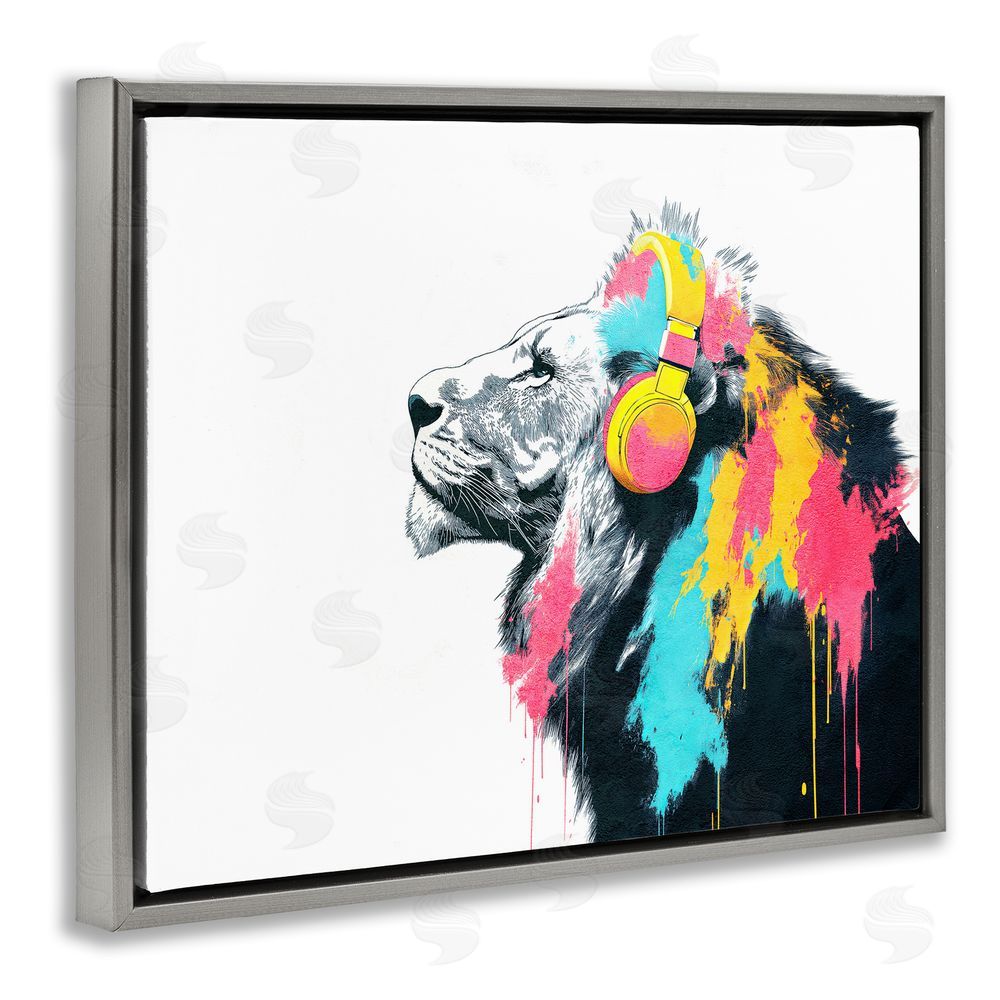 Svetlana Aleynikova Lion On Air Headphones Gray Floating Frame Canvas Wall Art Print