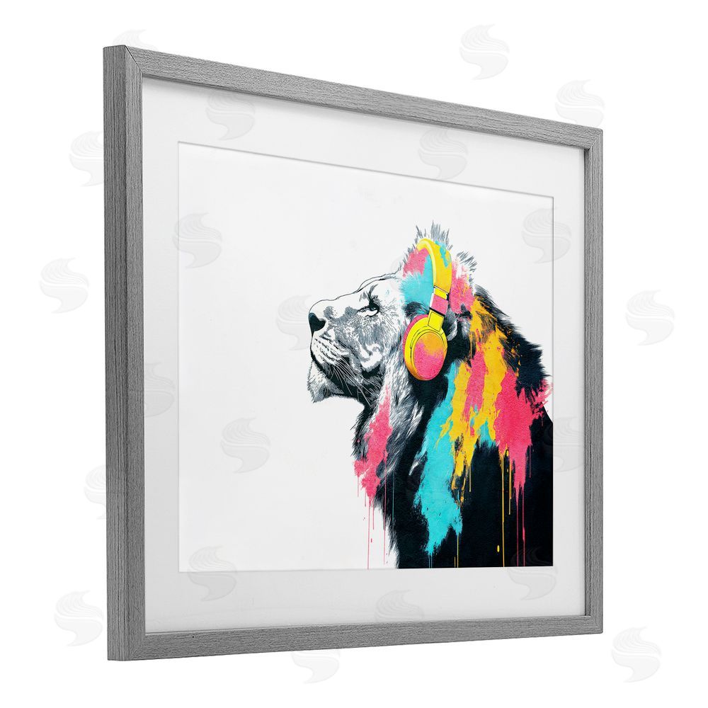 Svetlana Aleynikova Lion On Air Headphones Gray Framed Print Under Glass Wall Art