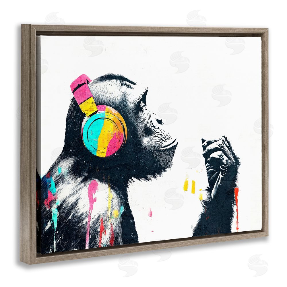 Svetlana Aleynikova Ape On Air Headphones Brown Floating Frame Canvas Wall Art Print