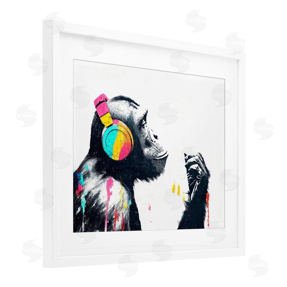 Svetlana Aleynikova Ape On Air Headphones White Framed Print Under Glass Wall Art