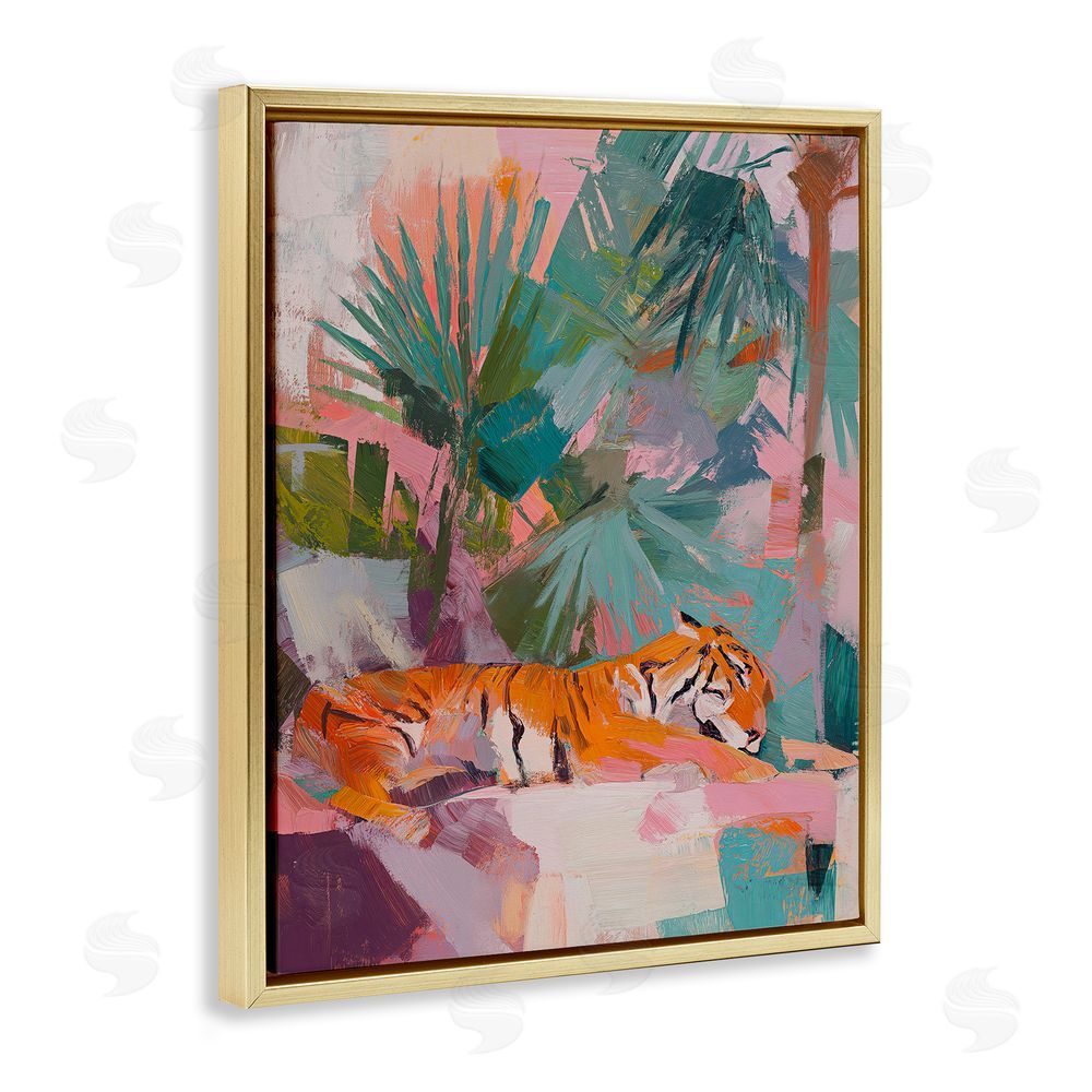 Svetlana Aleynikova Resting Tiger Beneath Leaves Gold Floating Frame Canvas Wall Art Print