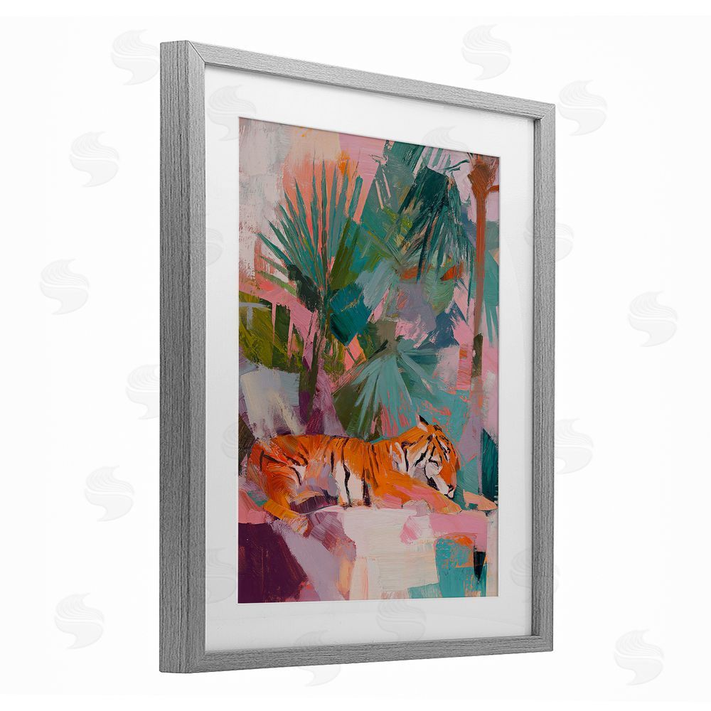 Svetlana Aleynikova Resting Tiger Beneath Leaves Gray Framed Print Under Glass Wall Art