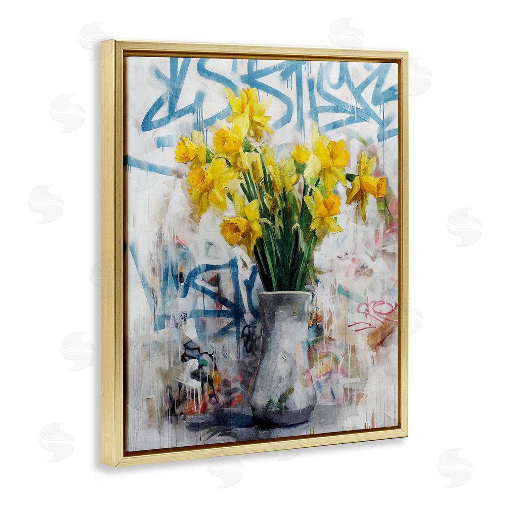 Svetlana Aleynikova Color Clash Daffodils & Graffiti Gold Floating Frame Canvas Wall Art Print