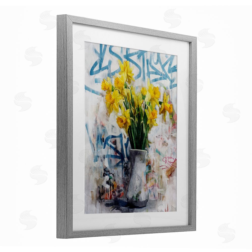 Svetlana Aleynikova Color Clash Daffodils & Graffiti Gray Framed Print Under Glass Wall Art