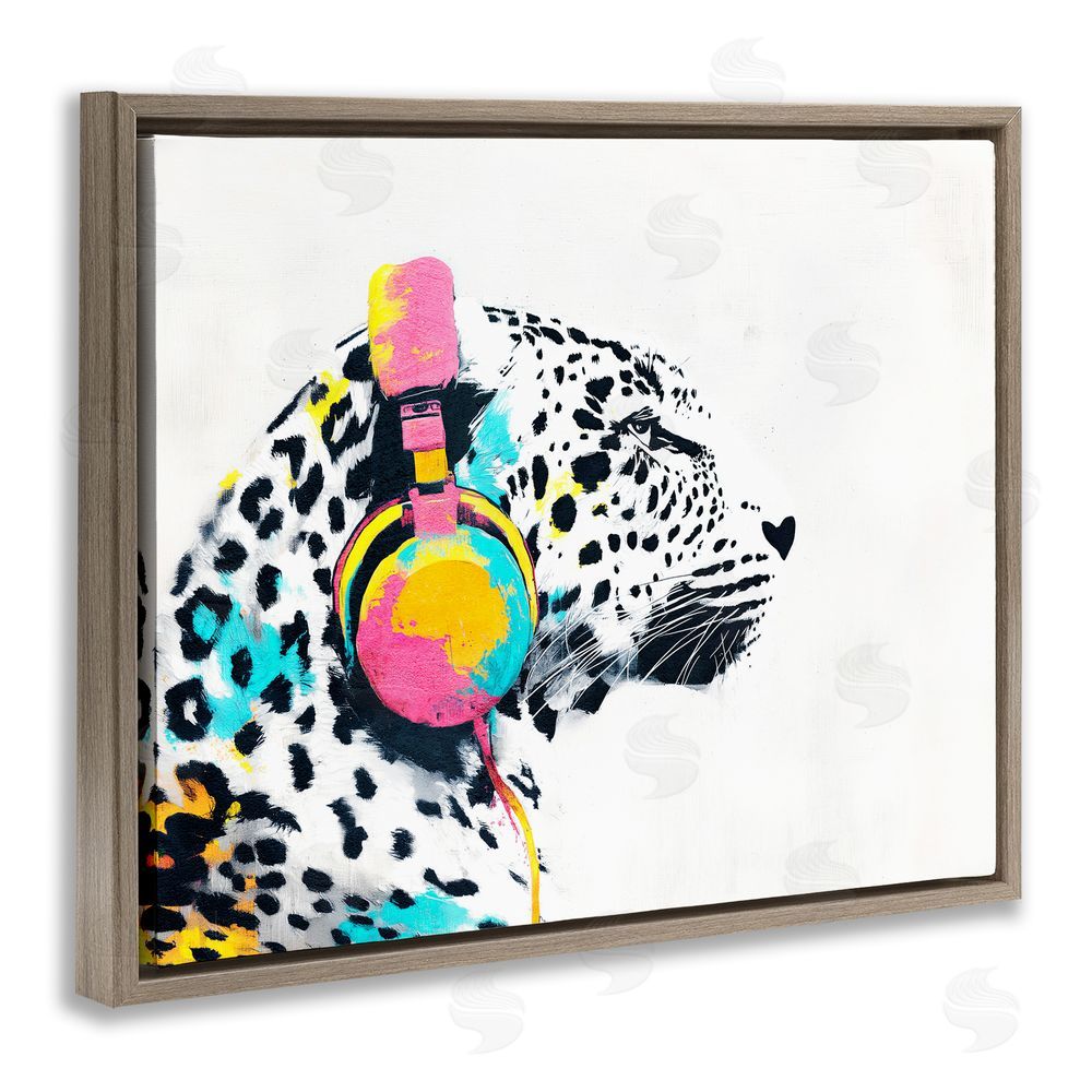 Svetlana Aleynikova Leopard On Air Headphones Brown Floating Frame Canvas Wall Art Print