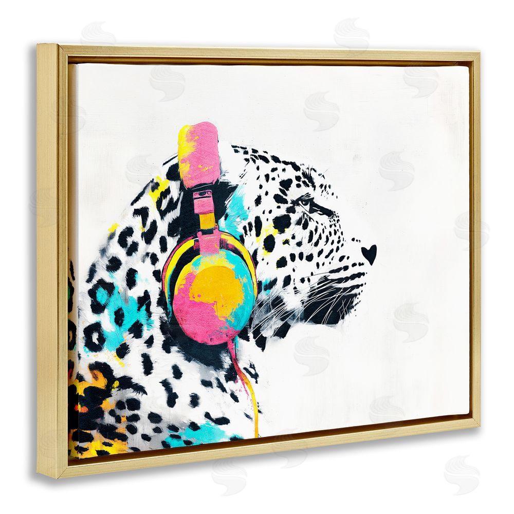 Svetlana Aleynikova Leopard On Air Headphones Gold Floating Frame Canvas Wall Art Print