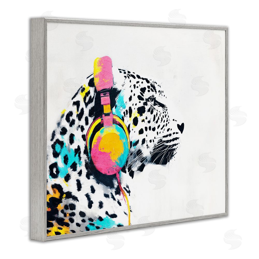 Svetlana Aleynikova Leopard On Air Headphones Gray Framed Giclee Wall Art Print