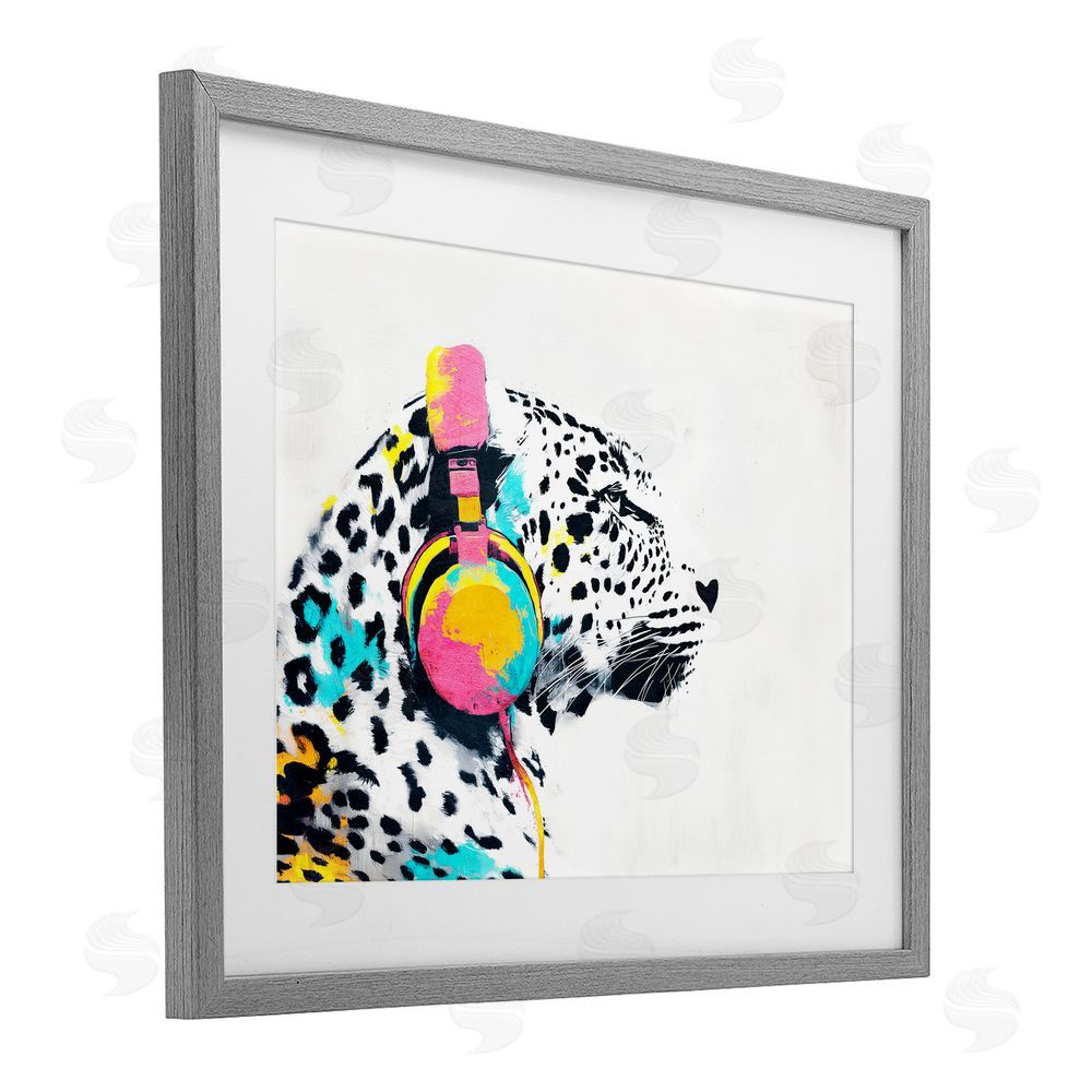 Svetlana Aleynikova Leopard On Air Headphones Gray Framed Print Under Glass Wall Art
