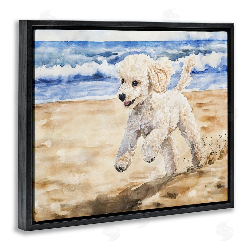 Svetlana Aleynikova Poodle's Journey on Beach Black Floating Frame Canvas Wall Art Print