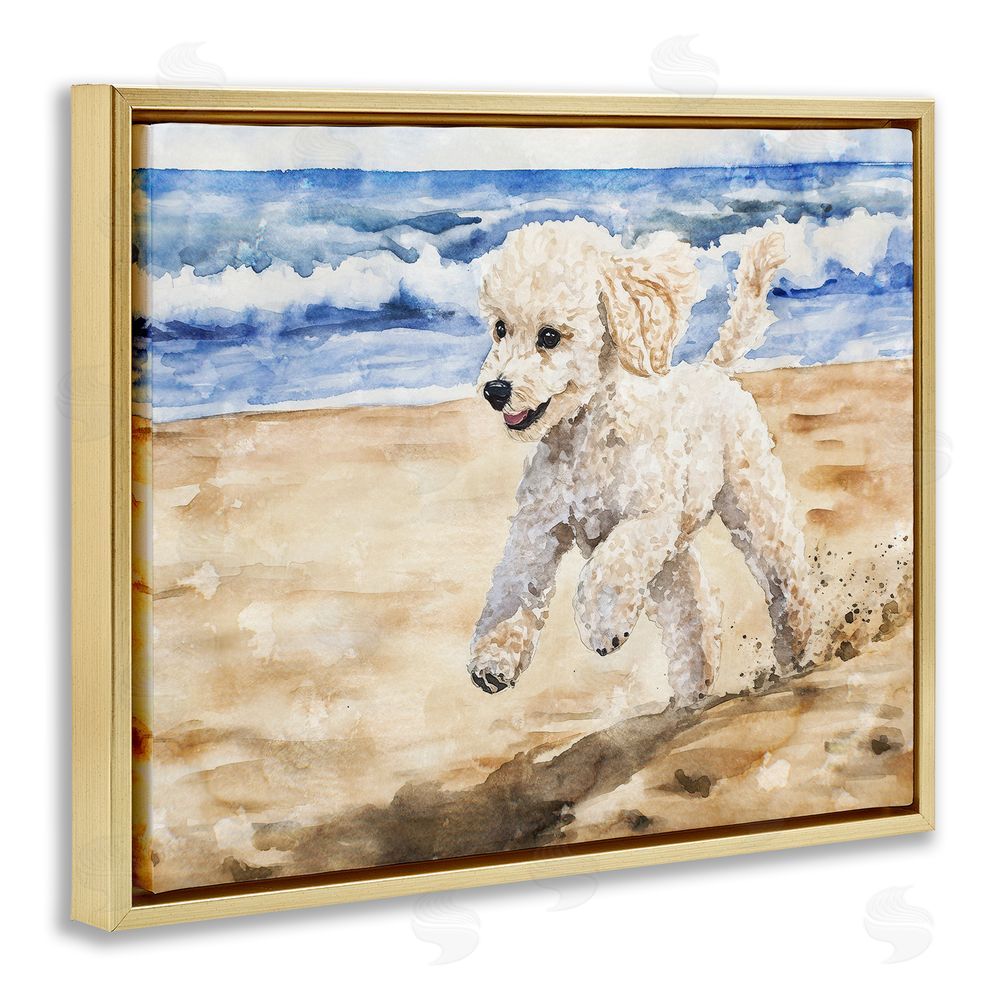 Svetlana Aleynikova Poodle's Journey on Beach Gold Floating Frame Canvas Wall Art Print