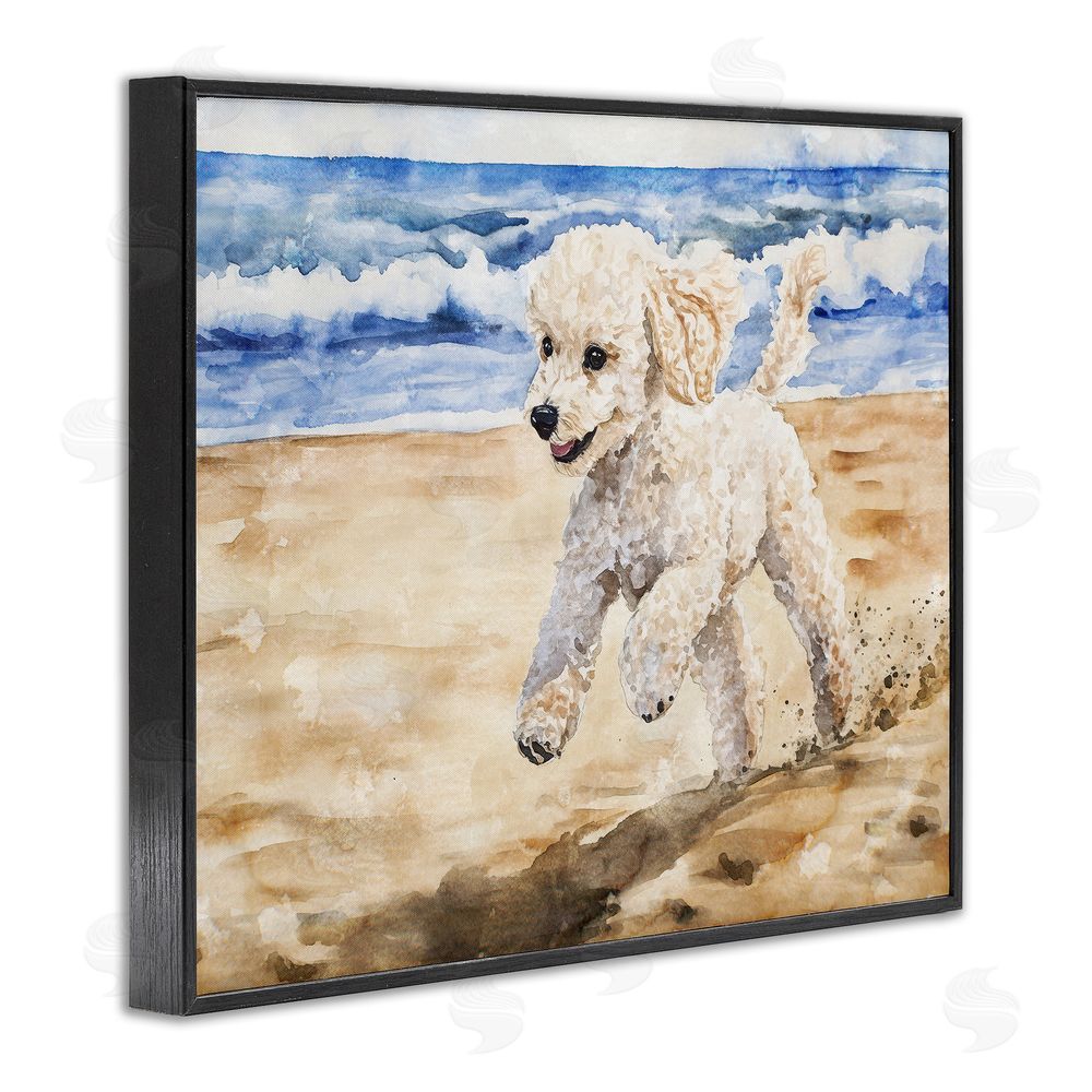 Svetlana Aleynikova Poodle's Journey on Beach Black Framed Giclee Wall Art Print