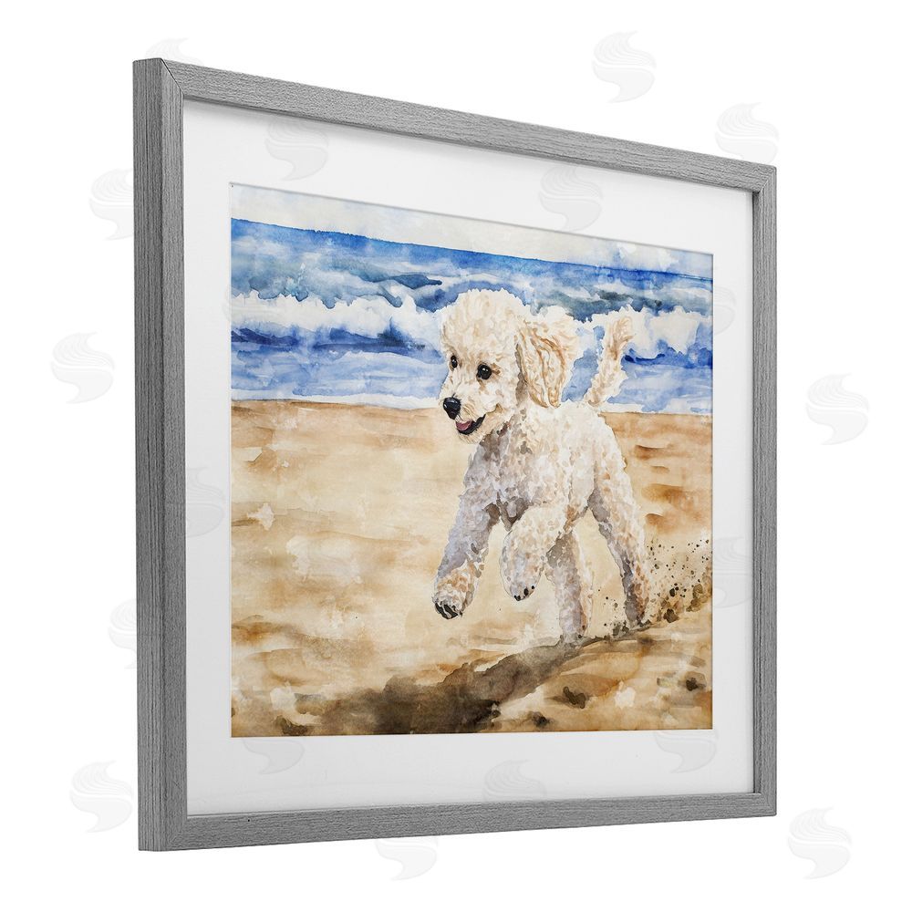 Svetlana Aleynikova Poodle's Journey on Beach Gray Framed Print Under Glass Wall Art