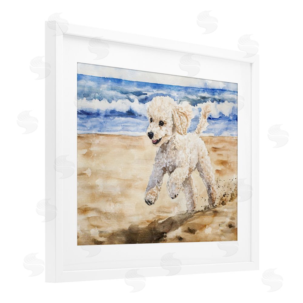 Svetlana Aleynikova Poodle's Journey on Beach White Framed Print Under Glass Wall Art
