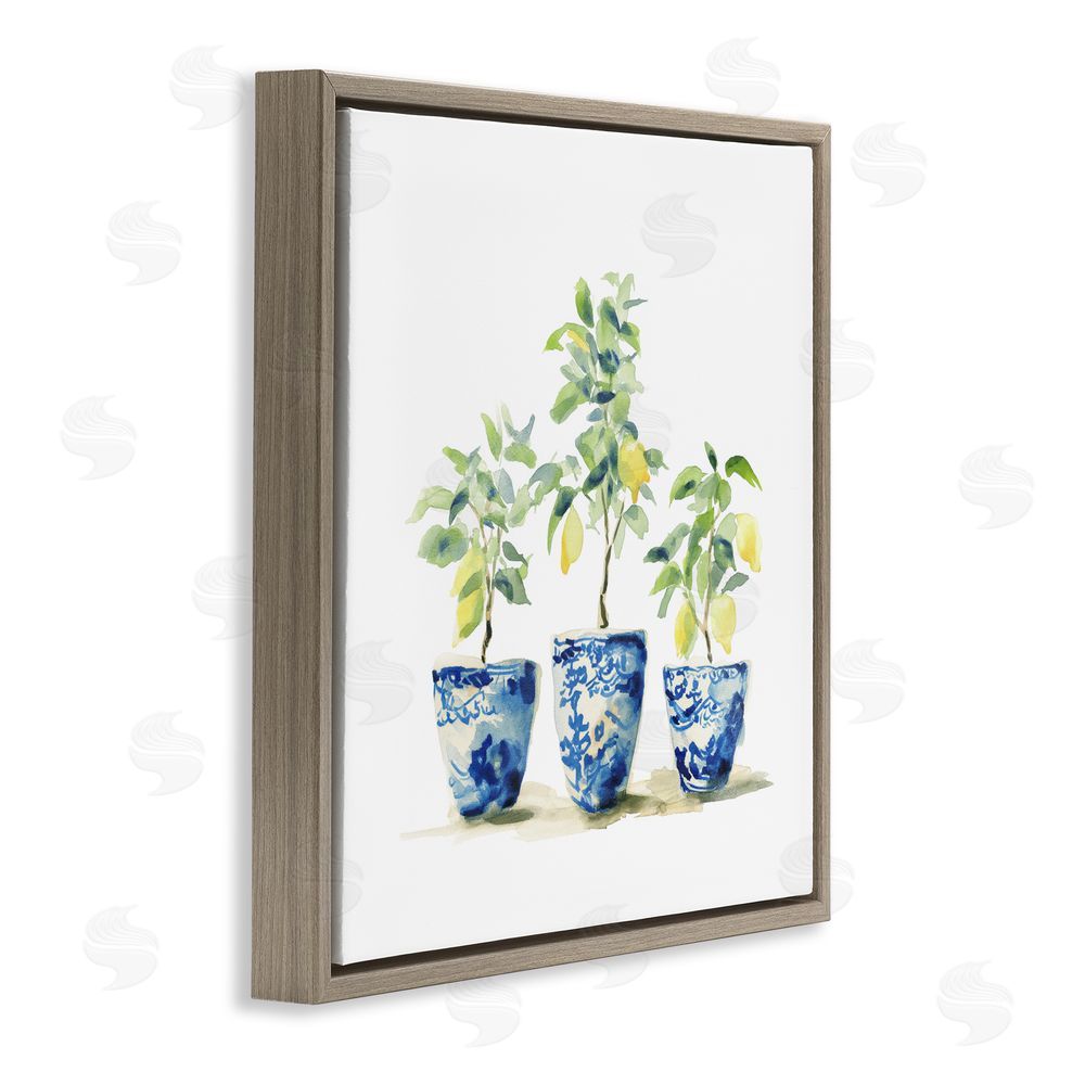Svetlana Aleynikova Lemons In Blue Pots Brown Floating Frame Canvas Wall Art Print