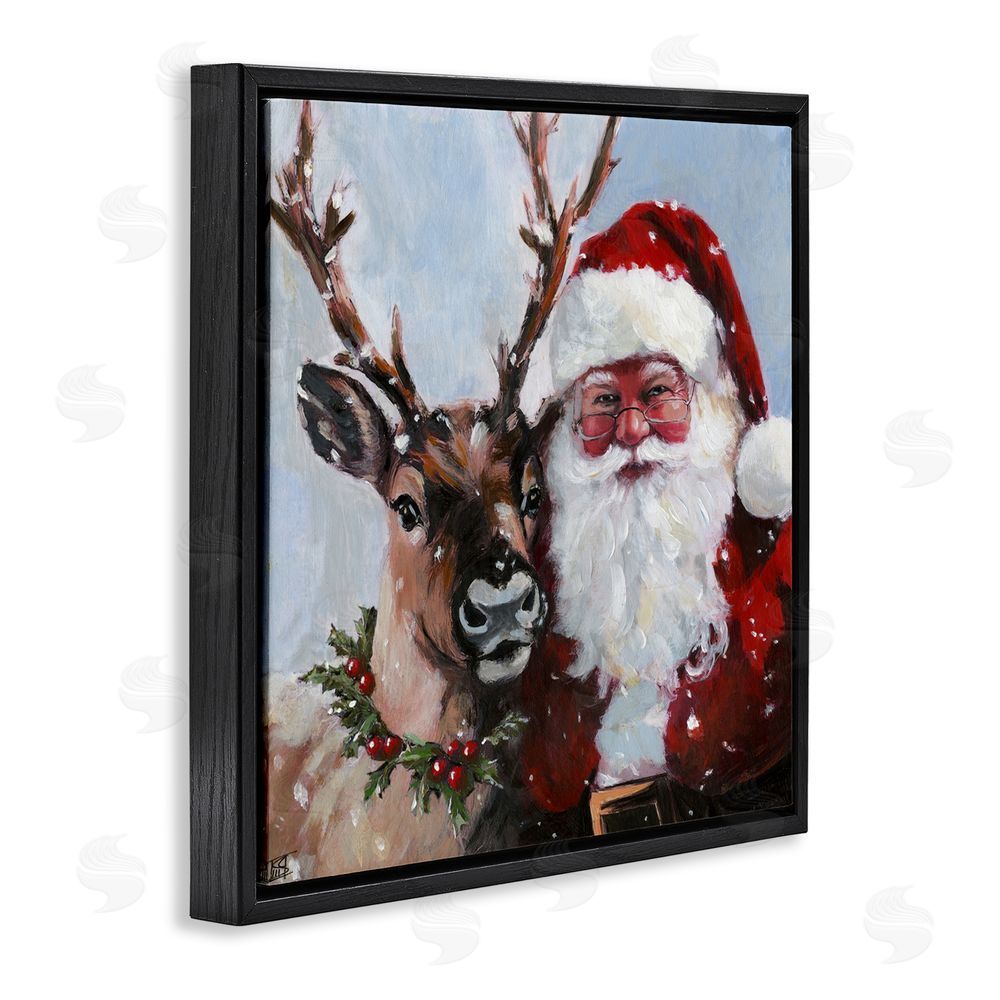 Sara Culpepper Rosy Cheeked Santa & Reindeer Black Floating Frame Canvas Wall Art Print