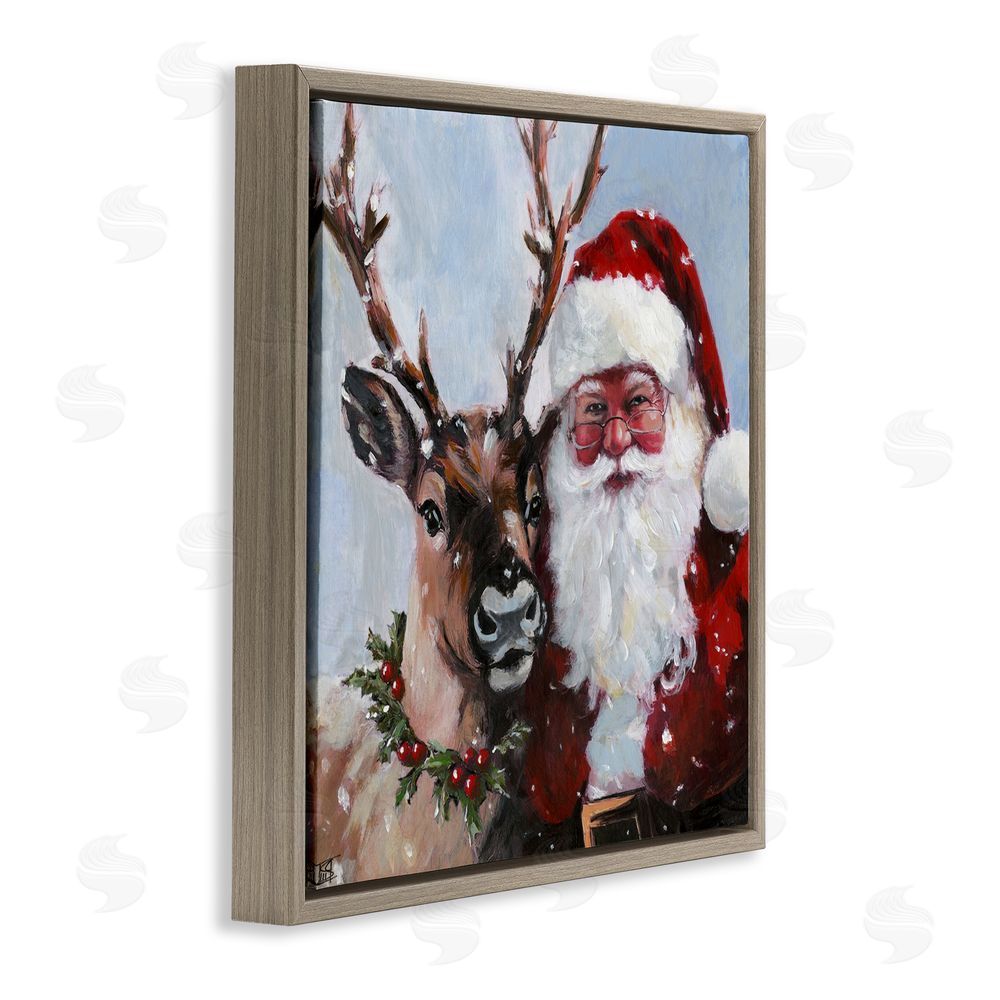Sara Culpepper Rosy Cheeked Santa & Reindeer Brown Floating Frame Canvas Art Print