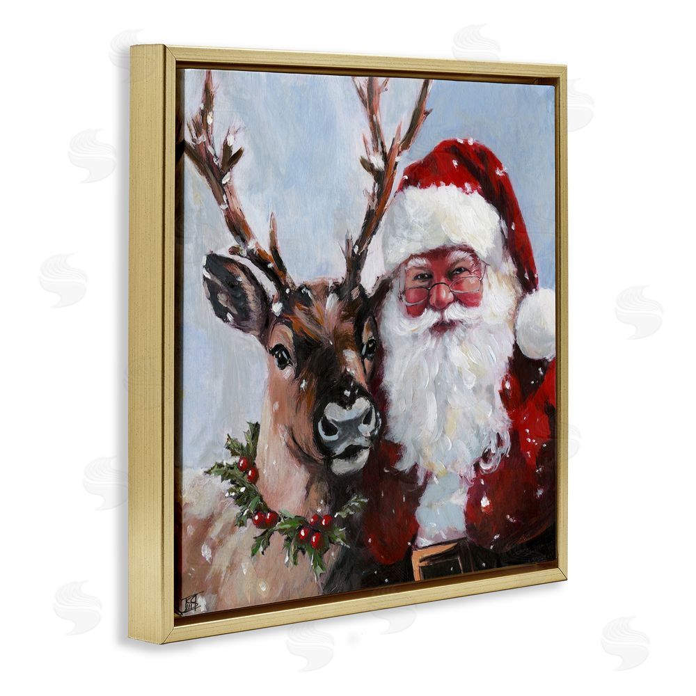 Sara Culpepper Rosy Cheeked Santa & Reindeer Gold Floating Frame Canvas Art Print