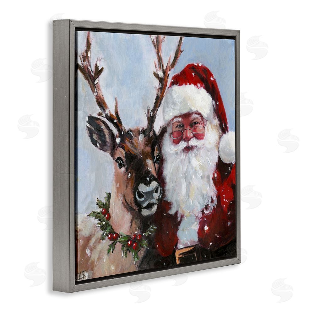 Sara Culpepper Rosy Cheeked Santa & Reindeer Gray Floating Frame Canvas Art Print