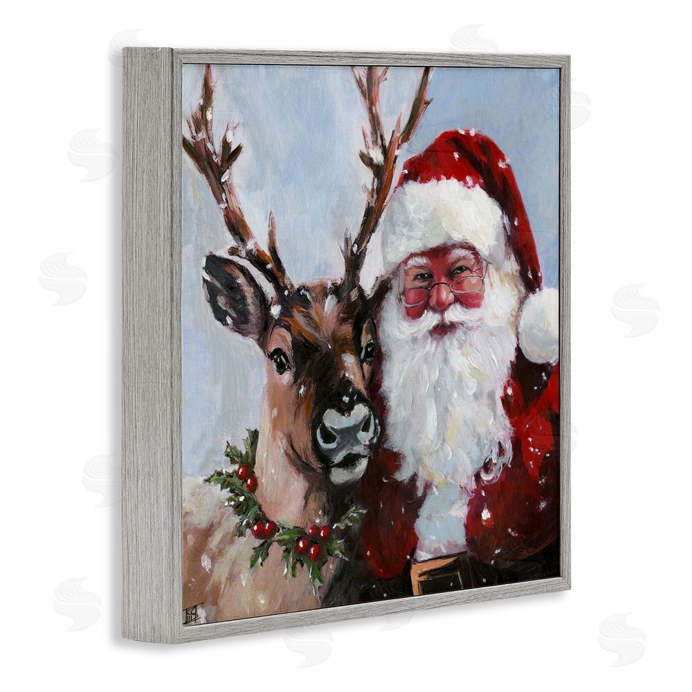 Sara Culpepper Rosy Cheeked Santa & Reindeer Gray Framed Giclee Art Print