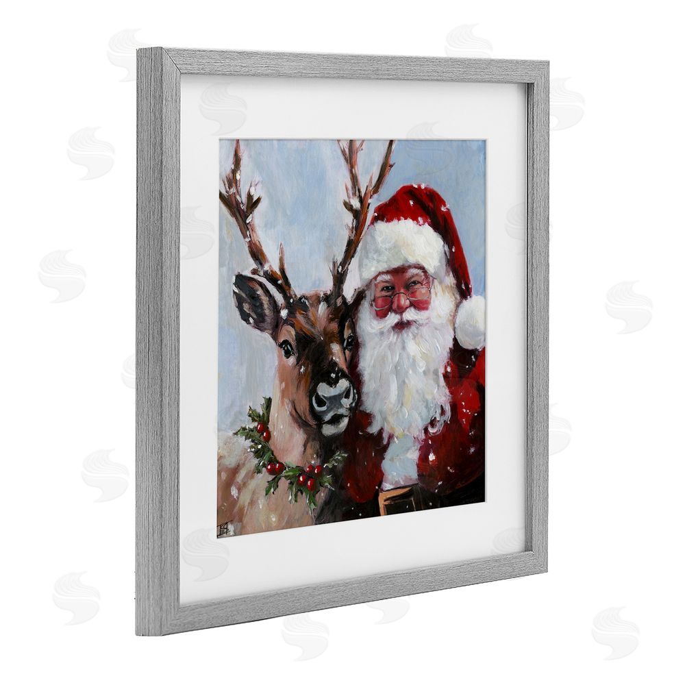 Sara Culpepper Rosy Cheeked Santa & Reindeer Gray Framed Print Under Glass Art