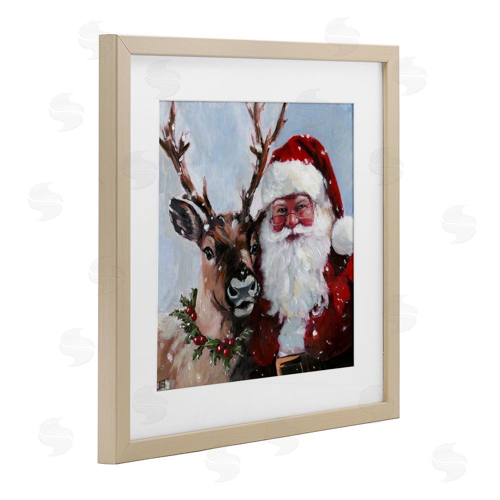 Sara Culpepper Rosy Cheeked Santa & Reindeer Birch Framed Print Under Glass Art