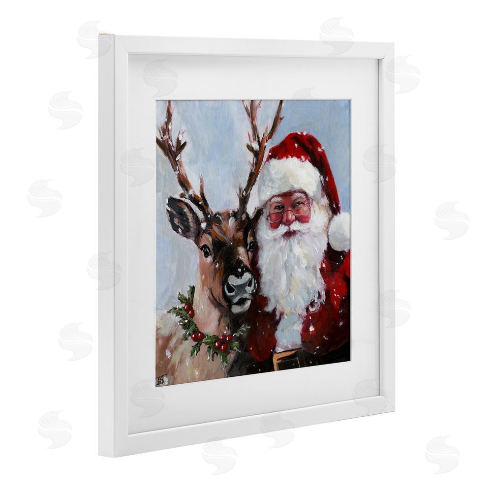 Sara Culpepper Rosy Cheeked Santa & Reindeer White Framed Print Under Glass Art