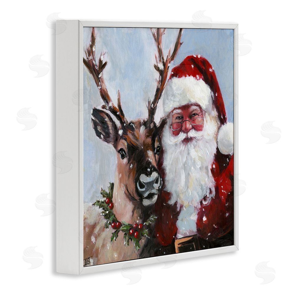 Sara Culpepper Rosy Cheeked Santa & Reindeer White Frame Giclee Art Print