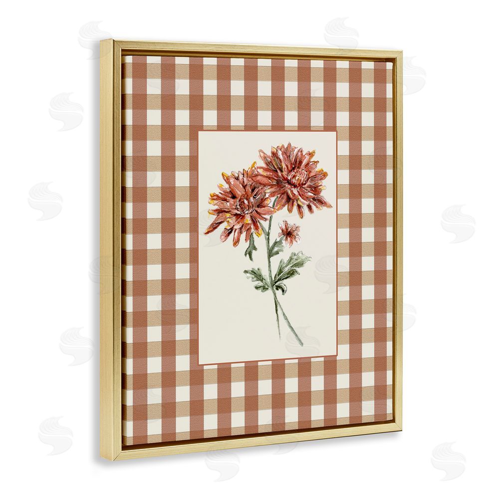 Lisa Wehmeyer Neutral Plaid Mums Gold Floating Frame Canvas Wall Art Print