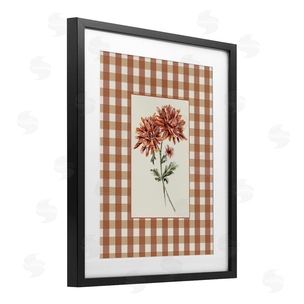 Lisa Wehmeyer Neutral Plaid Mums Black Framed Print Under Glass with White Mat Wall Art