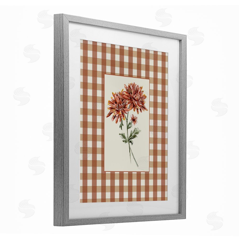 Lisa Wehmeyer Neutral Plaid Mums Gray Framed Print Under Glass with White Mat Wall Art