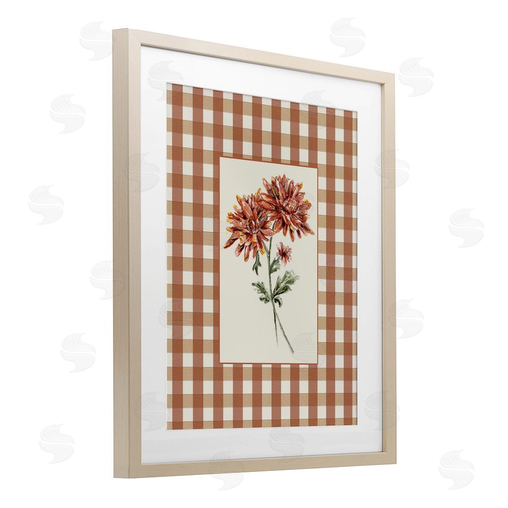 Lisa Wehmeyer Neutral Plaid Mums Birch Framed Print Under Glass with White Mat Wall Art