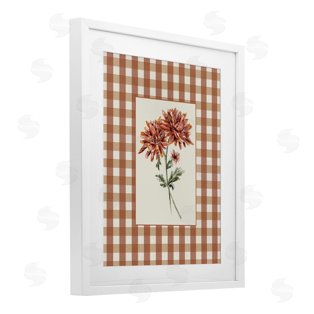 Lisa Wehmeyer Neutral Plaid Mums White Framed Print Under Glass with Mat Wall Art