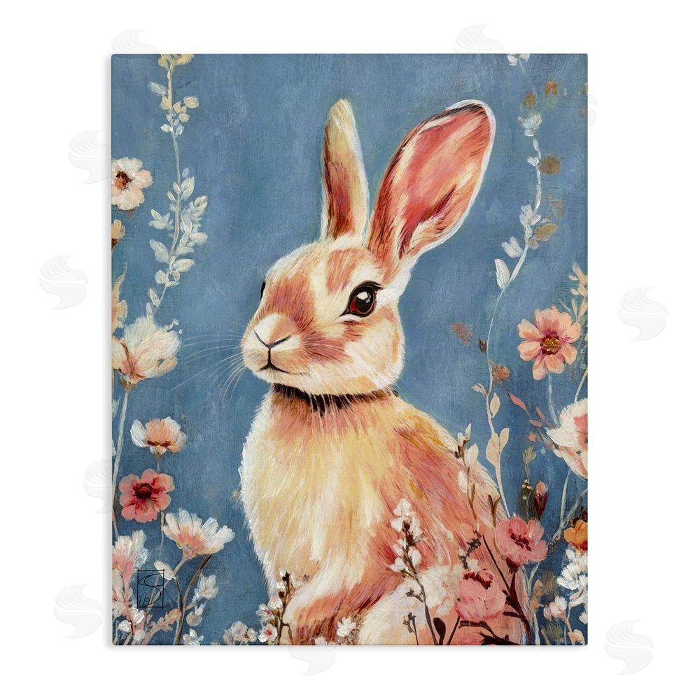 Sara Culpepper Whimsical Rabbit on Blue Stretched Canvas Wall Art Print