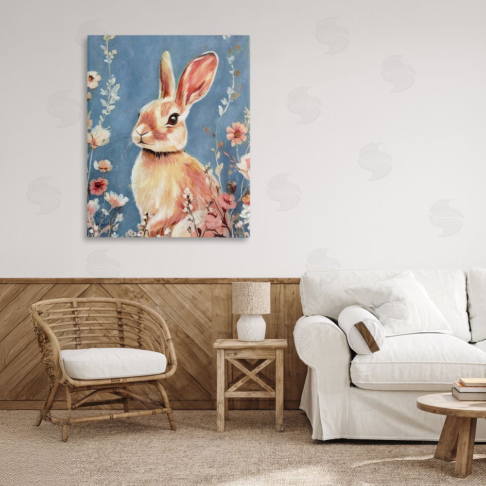 Sara Culpepper Whimsical Rabbit on Blue Stretched Canvas Wall Art in Room