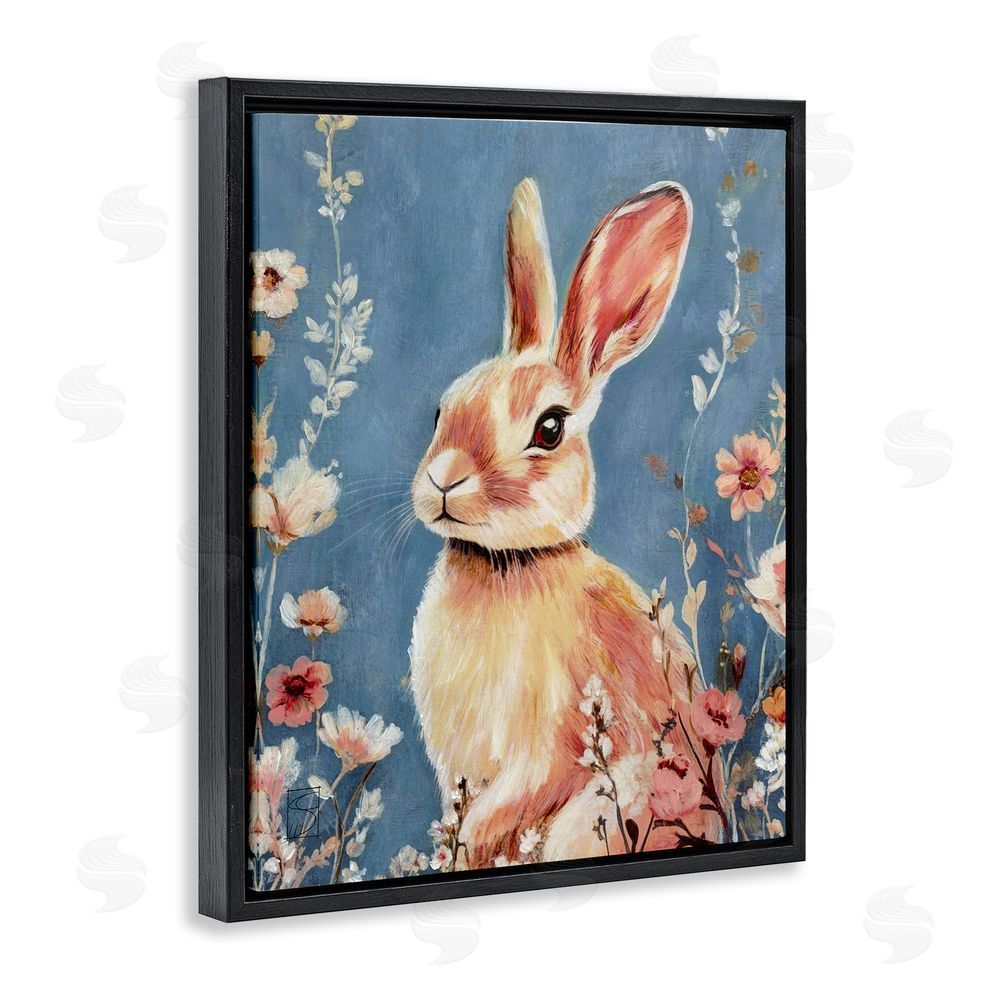 Sara Culpepper Whimsical Rabbit on Blue Black Floating Frame Canvas Wall Art Print
