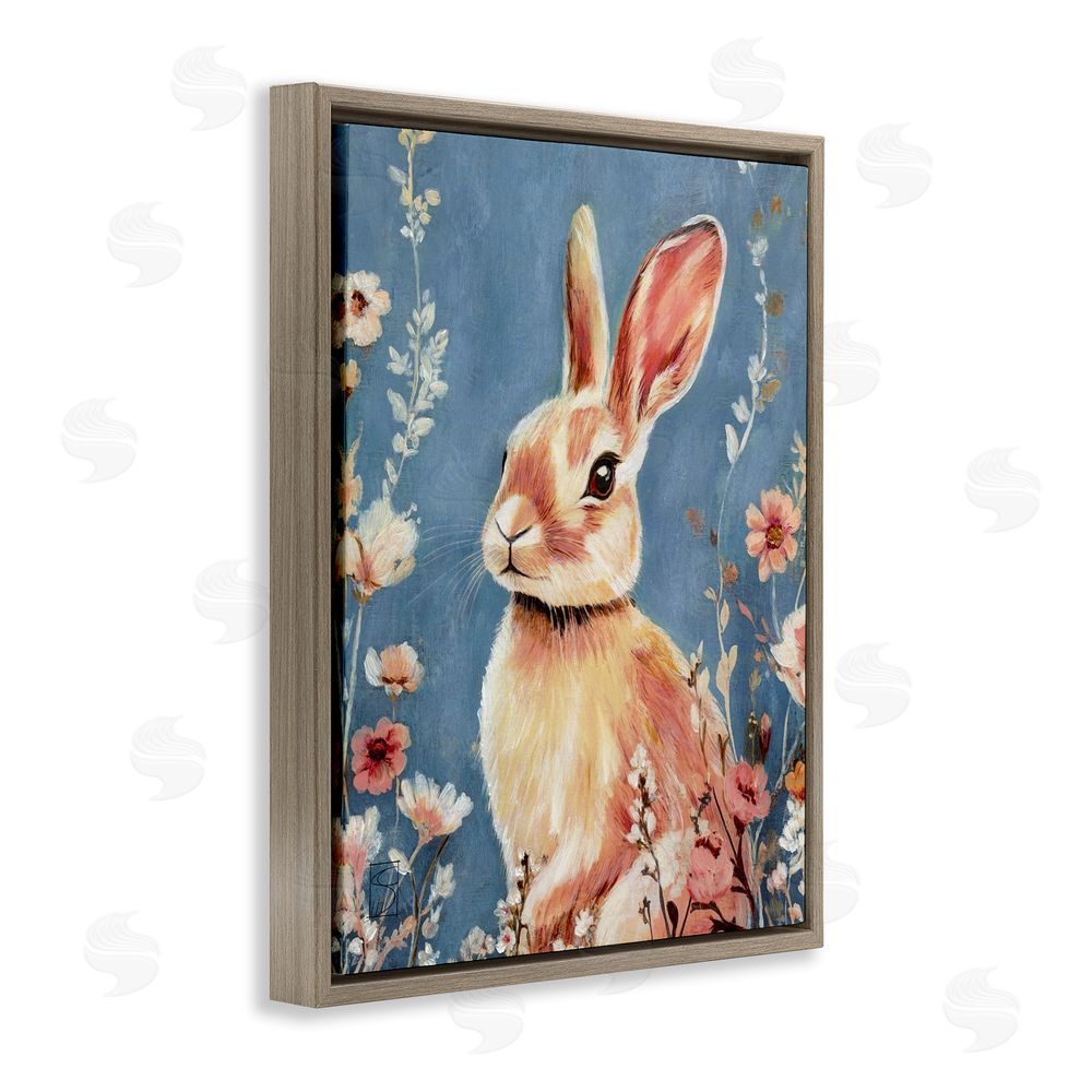 Sara Culpepper Whimsical Rabbit on Blue Brown Floating Frame Canvas Wall Art Print