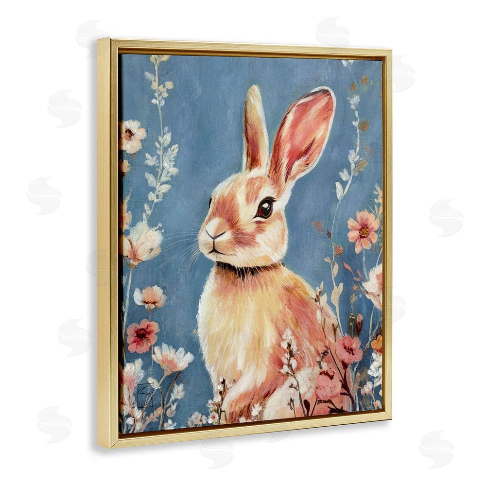 Sara Culpepper Whimsical Rabbit on Blue Gold Floating Frame Canvas Wall Art Print