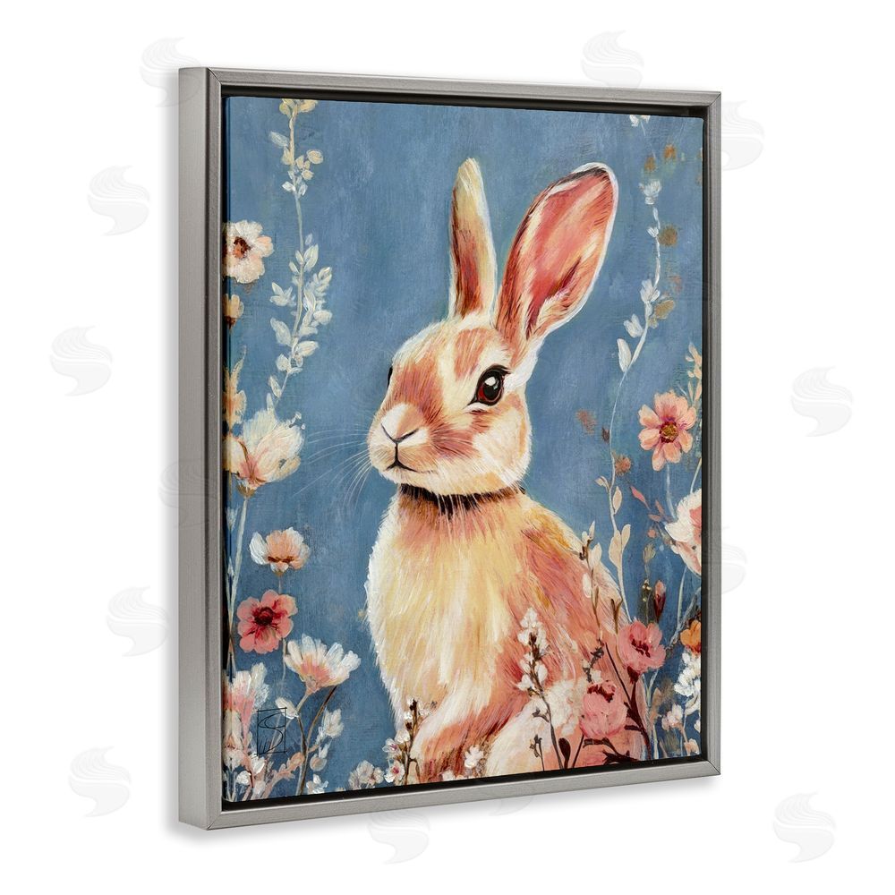 Sara Culpepper Whimsical Rabbit on Blue Gray Floating Frame Canvas Wall Art Print