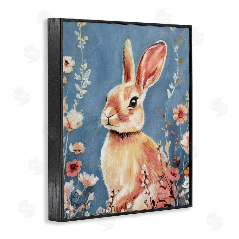 Sara Culpepper Whimsical Rabbit on Blue Black Framed Giclee Wall Art Print