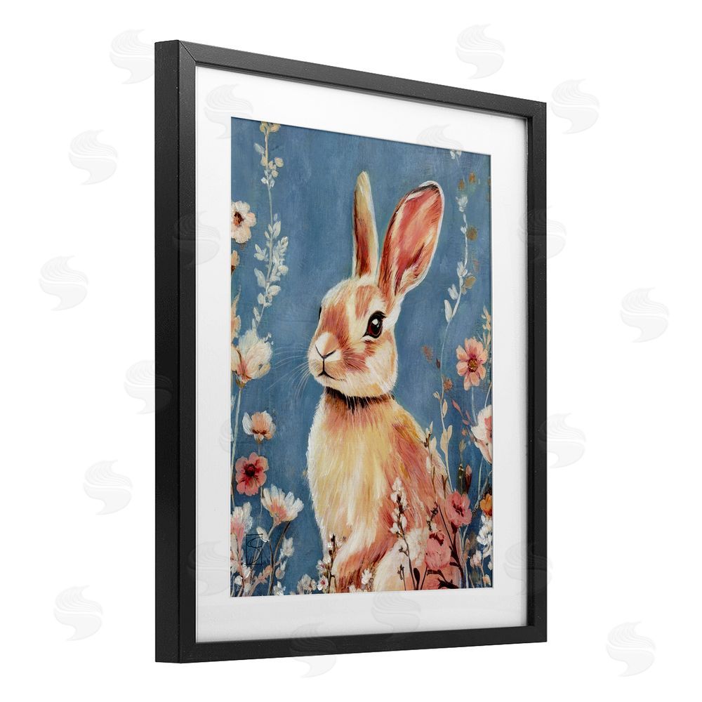 Sara Culpepper Whimsical Rabbit on Blue Black Framed Print Under Glass Wall Art