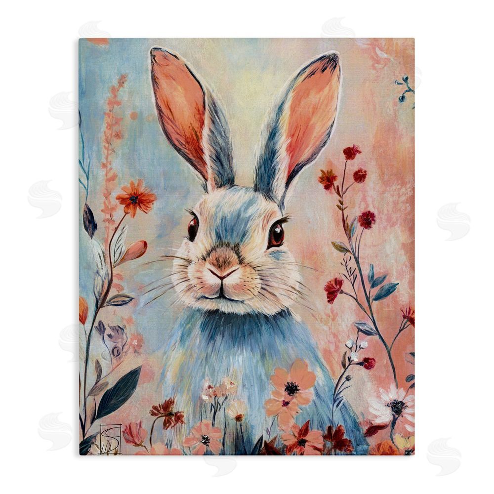 Sara Culpepper Blue Rabbit & Wildflowers Stretched Canvas Wall Art