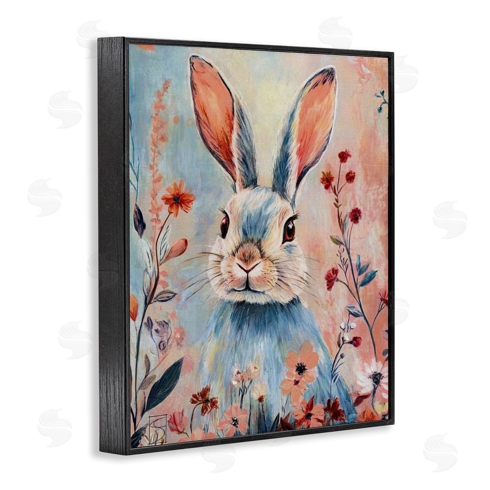Sara Culpepper Blue Rabbit & Wildflowers Black Framed Giclee Wall Art Print
