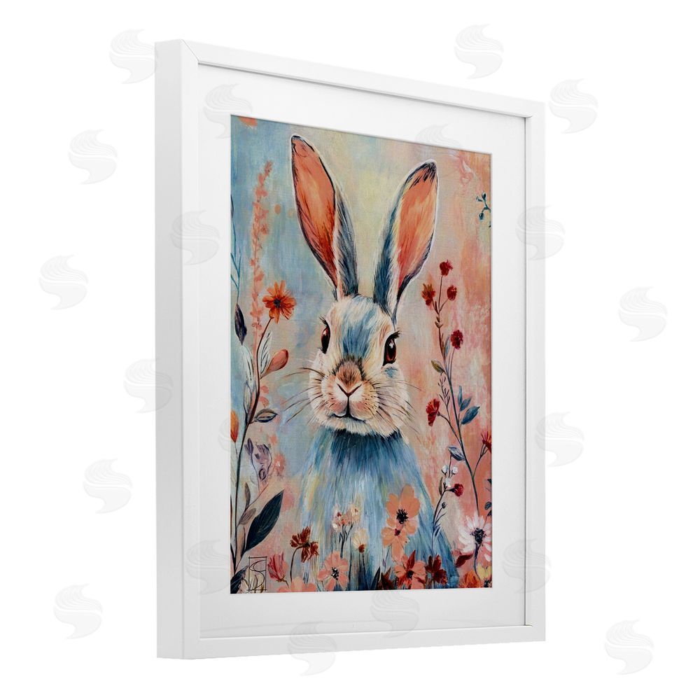 Sara Culpepper Blue Rabbit & Wildflowers White Framed Print Under Glass Wall Art